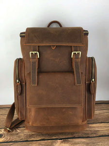 Zee Leather - Retro Crazy Horse Leather Mens Backpack male computer bag Large Capacity 15.6 inch laptop bags genuine leather Travel Backpacks