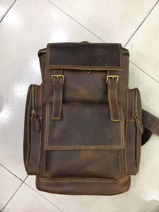 Zee Leather - Retro Crazy Horse Leather Mens Backpack male computer bag Large Capacity 15.6 inch laptop bags genuine leather Travel Backpacks