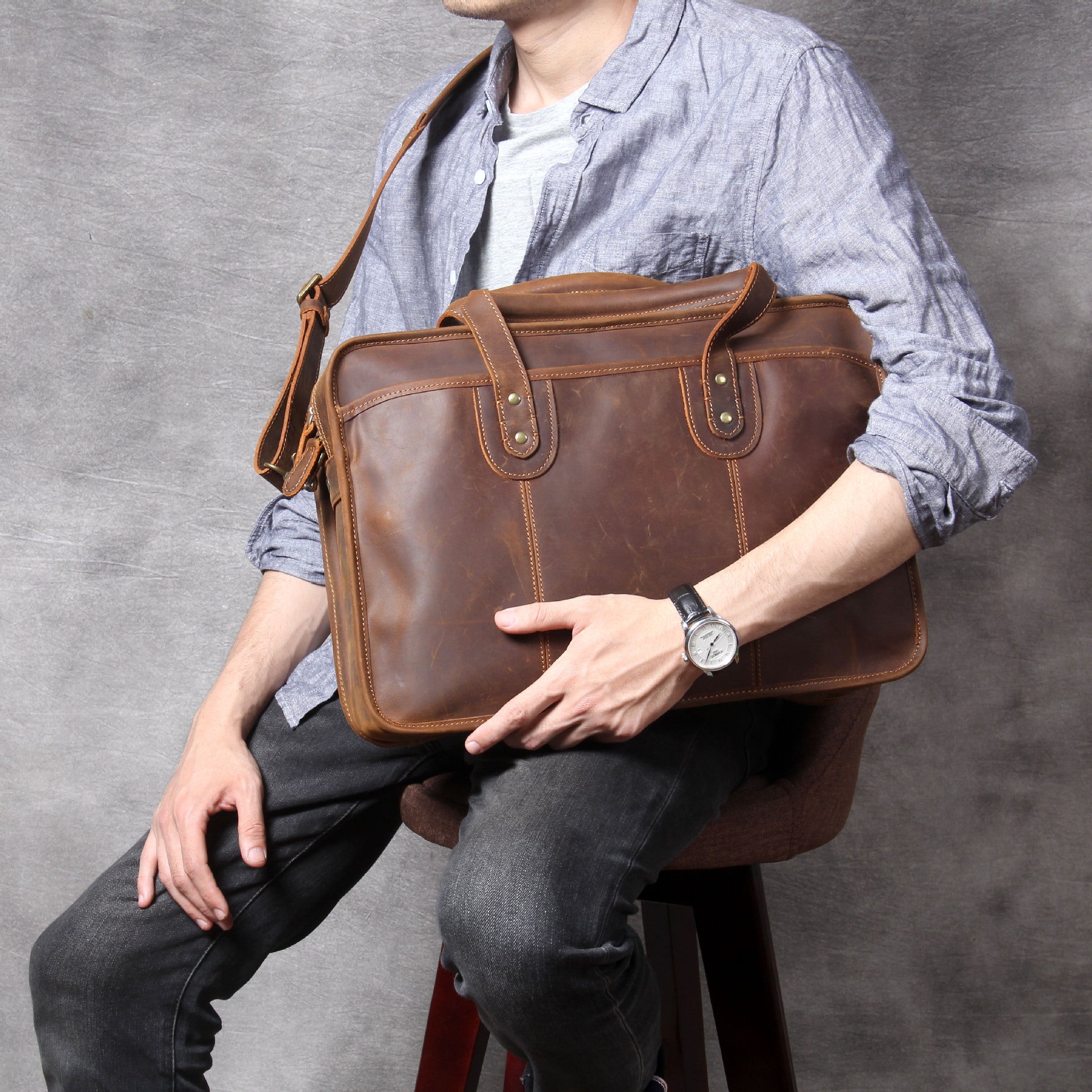 Zee Leather Men's Handmade Leather Laptop Bag Luggage