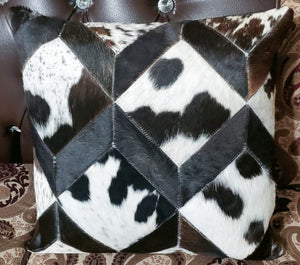 Cowhide Patchwork Cushion Covers (16 X 16 inch) | 100% Natural Hair on Cowhide Leather Pillow Cases | Real Cowhide Cushion Covers (Tricolor 1)
