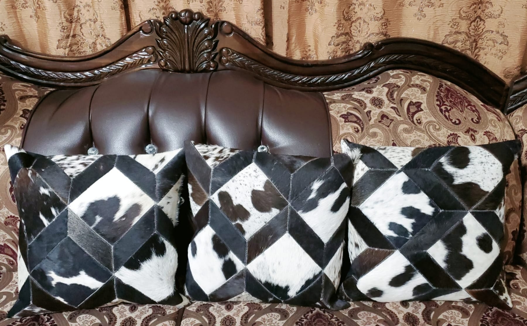 Cowhide Patchwork Cushion Covers (16 X 16 inch) | 100% Natural Hair on Cowhide Leather Pillow Cases | Real Cowhide Cushion Covers (Tricolor 1)
