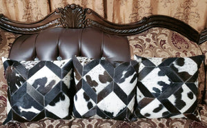 Cowhide Patchwork Cushion Covers (16 X 16 inch) | 100% Natural Hair on Cowhide Leather Pillow Cases | Real Cowhide Cushion Covers (Tricolor 1)