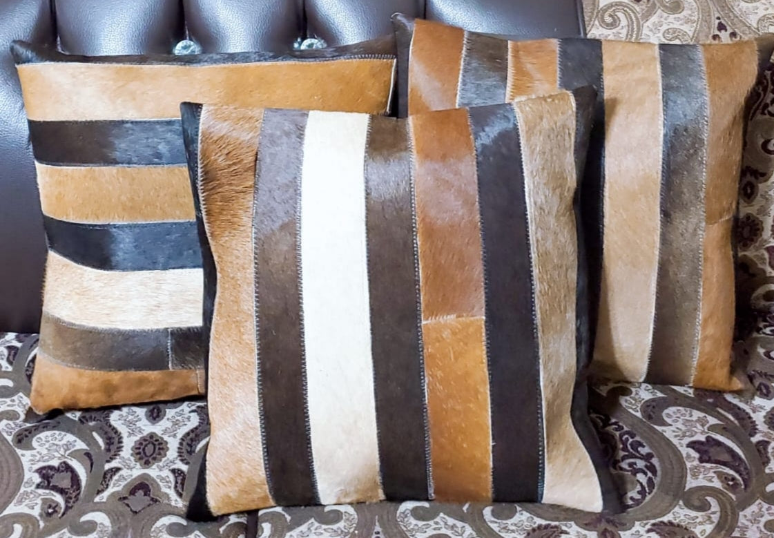 Cowhide Patchwork Cushion Covers (16 X 16 inch) | 100% Natural Hair on Cowhide Leather Pillow Cases | Real Cowhide Cushion Covers (Tricolor 2)