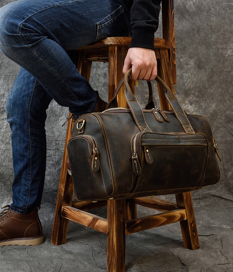 Zee Leather Men's Travel Bag With Shoe Pocket 20 inch Big Capacity Vintage Crazy Horse Leather Weekend luggage Messenger Bag