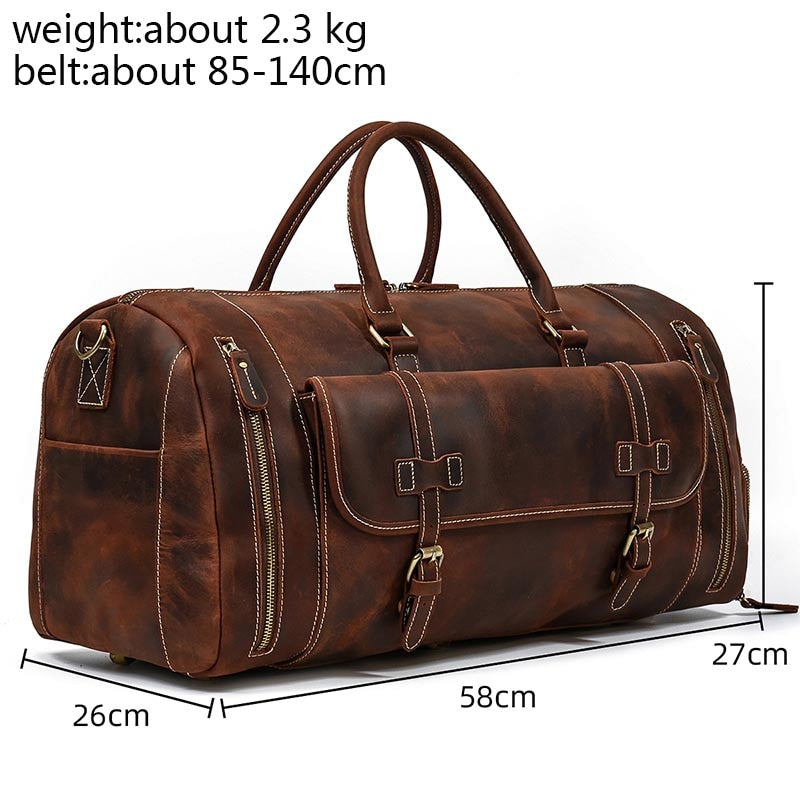 Zee Leather Men's Travel Bag With Shoe Pocket 20 inch Big Capacity Vintage Crazy Horse Leather Weekend luggage Messenger Bag