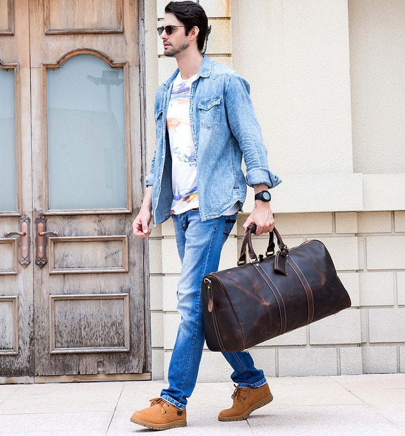 Zee Leather - Men's Crazy Horse Leather Travel Bag Cow Leather Big Travel Duffel Durable Cowhide Weekend Bag Man Genuine Leather Luggage Bag
