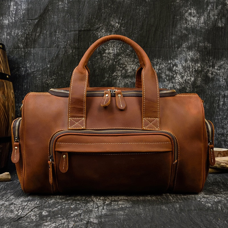 Zee Leather Men's Travel Bag With Shoe Pocket 20 inch Big Capacity Vintage Crazy Horse Leather Weekend luggage Messenger Bag