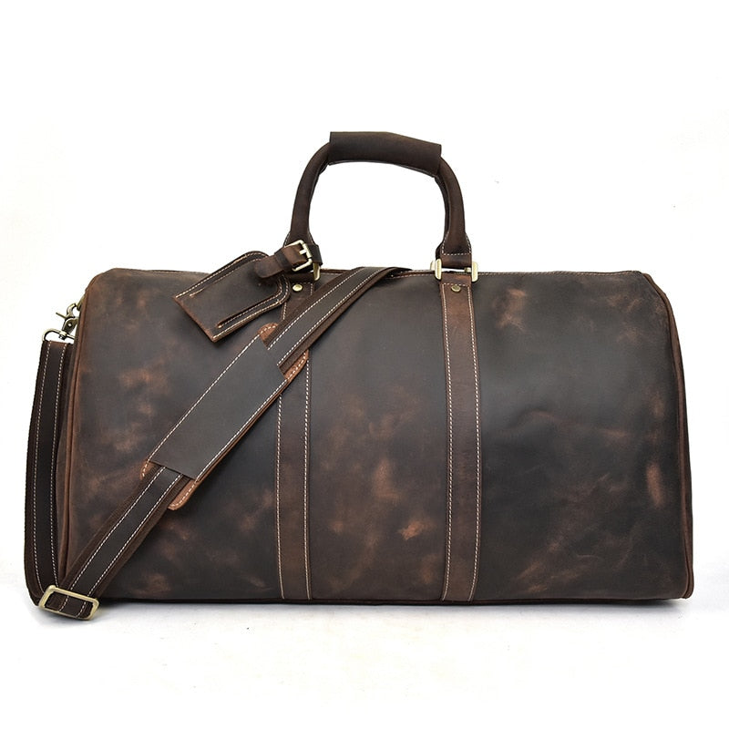 Zee Leather - Men's Crazy Horse Leather Travel Bag Cow Leather Big Travel Duffel Durable Cowhide Weekend Bag Man Genuine Leather Luggage Bag