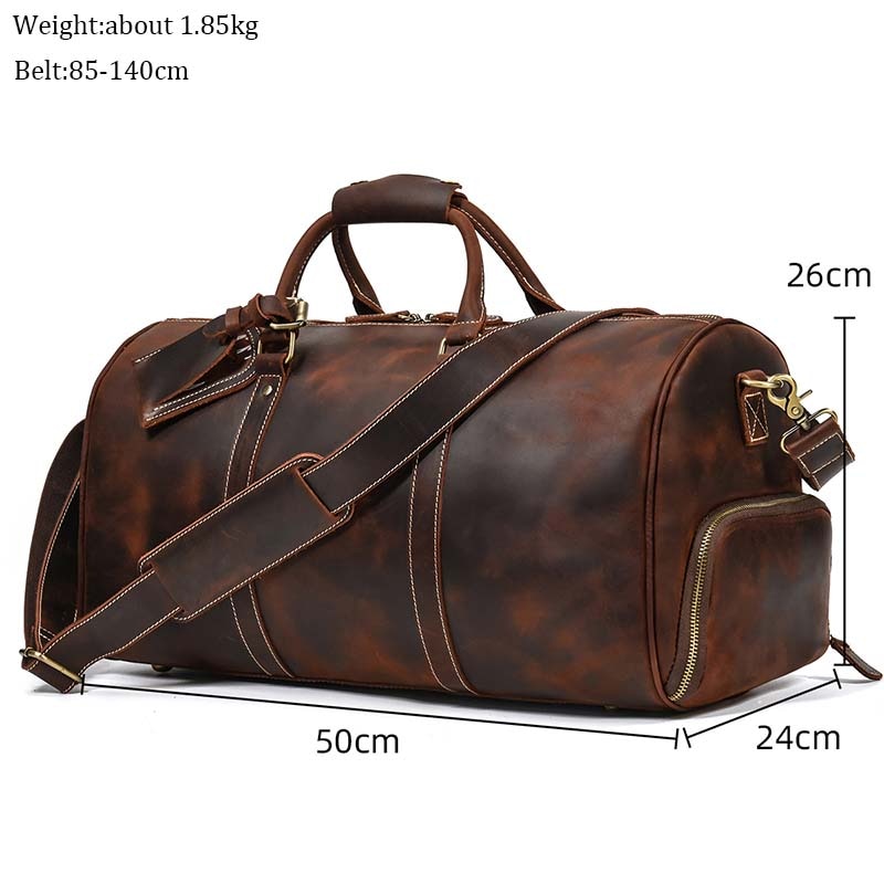 Zee Leather Men's Travel Bag With Shoe Pocket 20 inch Big Capacity Vintage Crazy Horse Leather Weekend luggage Messenger Bag