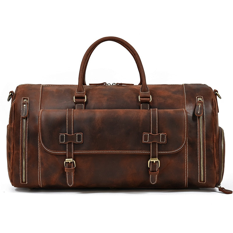 Zee Leather Men's Travel Bag With Shoe Pocket 20 inch Big Capacity Vintage Crazy Horse Leather Weekend luggage Messenger Bag