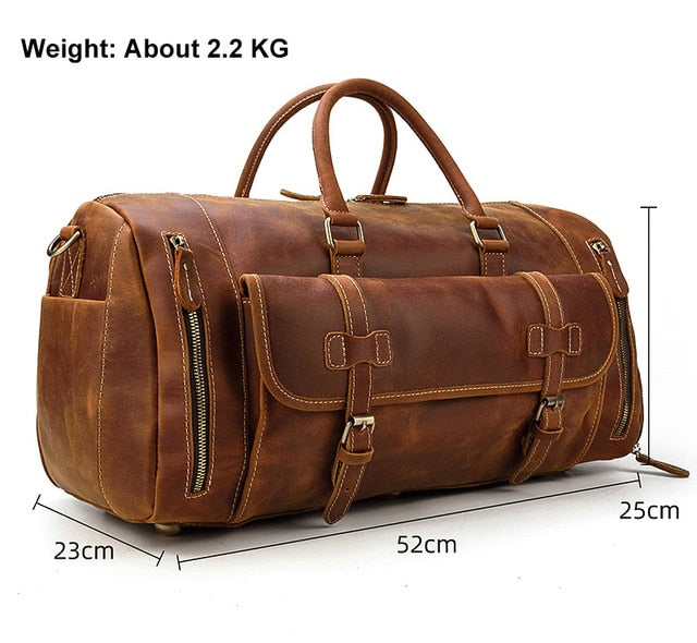 Zee Leather Men's Travel Bag With Shoe Pocket 20 inch Big Capacity Vintage Crazy Horse Leather Weekend luggage Messenger Bag
