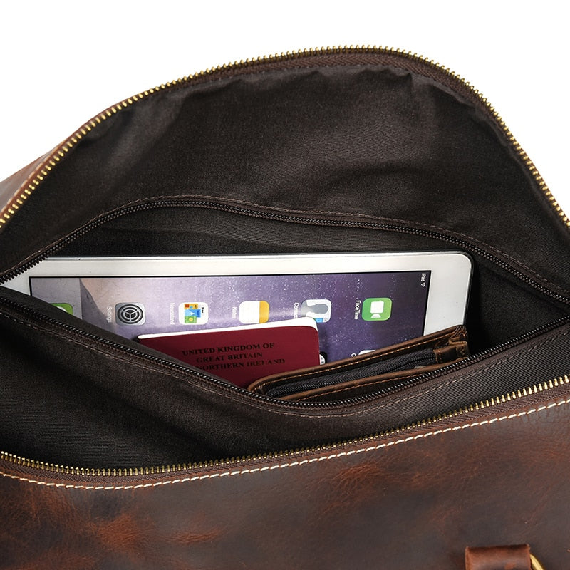 Zee Leather Men's Travel Bag With Shoe Pocket 20 inch Big Capacity Vintage Crazy Horse Leather Weekend luggage Messenger Bag
