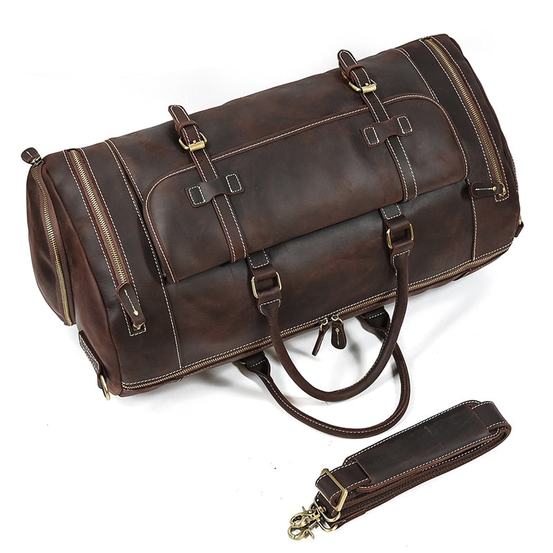 Zee Leather Men's Travel Bag With Shoe Pocket 20 inch Big Capacity Vintage Crazy Horse Leather Weekend luggage Messenger Bag