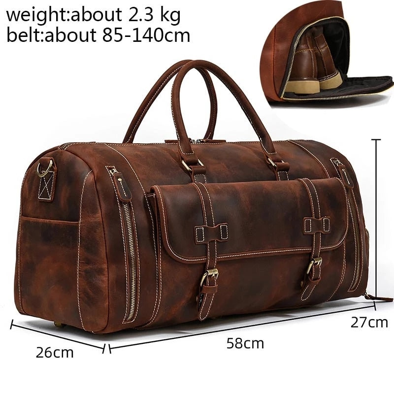 Zee Leather Men's Travel Bag With Shoe Pocket 20 inch Big Capacity Vintage Crazy Horse Leather Weekend luggage Messenger Bag