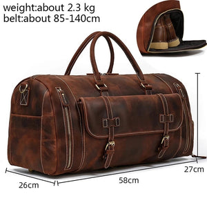 Zee Leather Men's Travel Bag With Shoe Pocket 20 inch Big Capacity Vintage Crazy Horse Leather Weekend luggage Messenger Bag