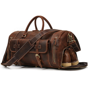 Zee Leather Men's Travel Bag With Shoe Pocket 20 inch Big Capacity Vintage Crazy Horse Leather Weekend luggage Messenger Bag