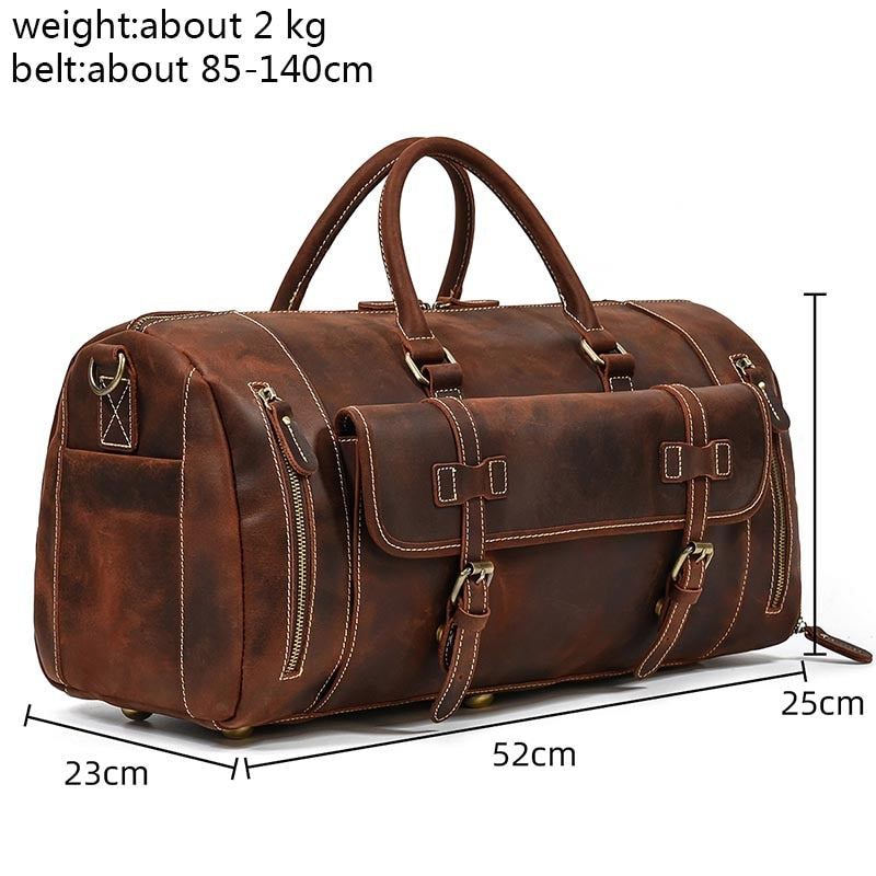 Zee Leather Men's Travel Bag With Shoe Pocket 20 inch Big Capacity Vintage Crazy Horse Leather Weekend luggage Messenger Bag