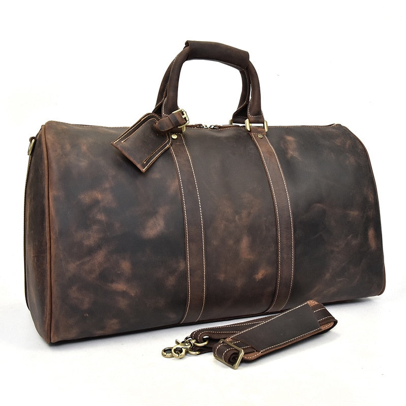 Zee Leather - Men's Crazy Horse Leather Travel Bag Cow Leather Big Travel Duffel Durable Cowhide Weekend Bag Man Genuine Leather Luggage Bag