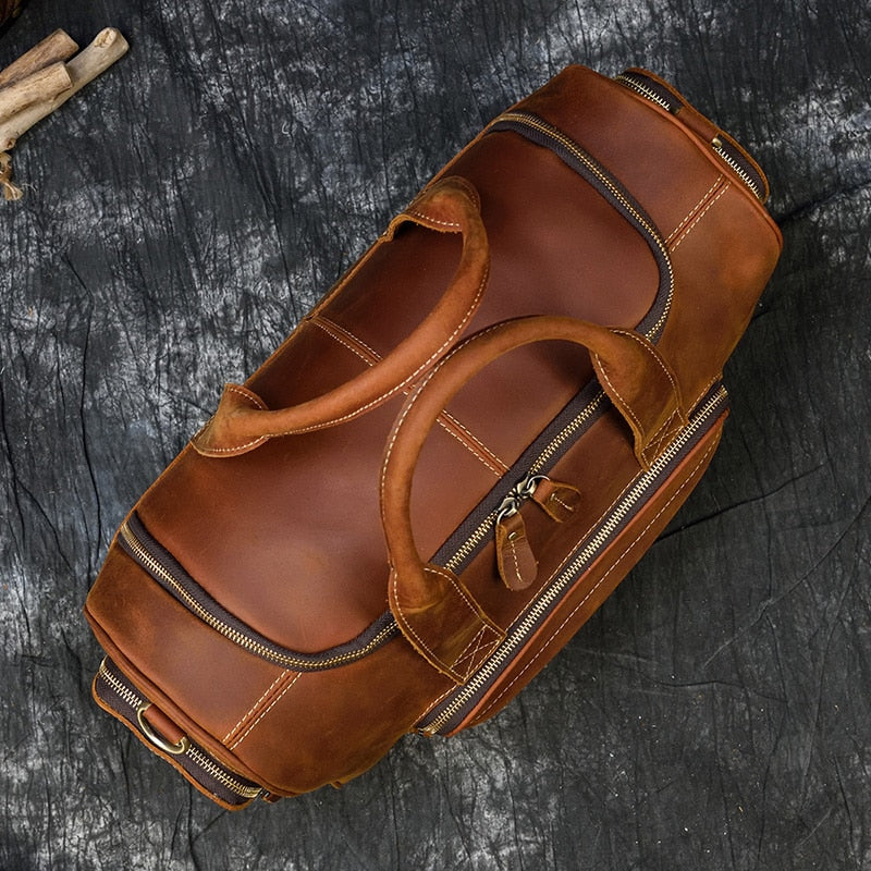 Zee Leather Men's Travel Bag With Shoe Pocket 20 inch Big Capacity Vintage Crazy Horse Leather Weekend luggage Messenger Bag