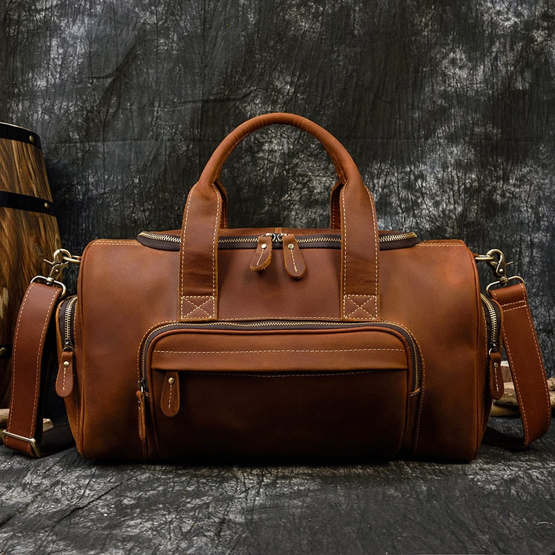 Zee Leather Men's Travel Bag With Shoe Pocket 20 inch Big Capacity Vintage Crazy Horse Leather Weekend luggage Messenger Bag