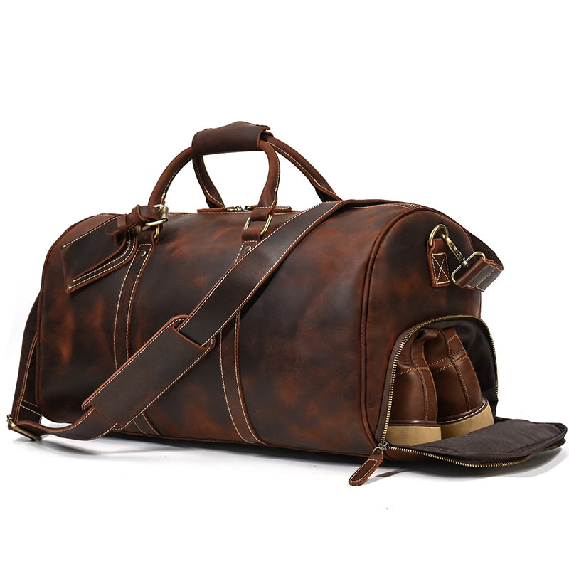Zee Leather Men's Travel Bag With Shoe Pocket 20 inch Big Capacity Vintage Crazy Horse Leather Weekend luggage Messenger Bag