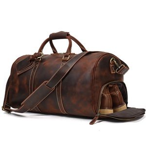 Zee Leather Men's Travel Bag With Shoe Pocket 20 inch Big Capacity Vintage Crazy Horse Leather Weekend luggage Messenger Bag