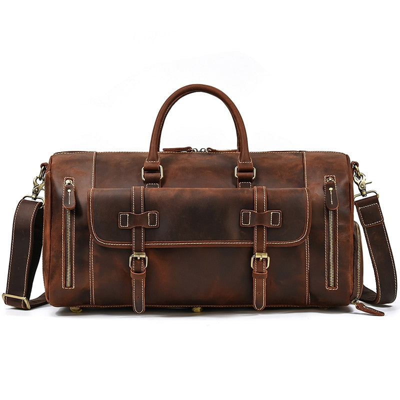 Zee Leather Men's Travel Bag With Shoe Pocket 20 inch Big Capacity Vintage Crazy Horse Leather Weekend luggage Messenger Bag