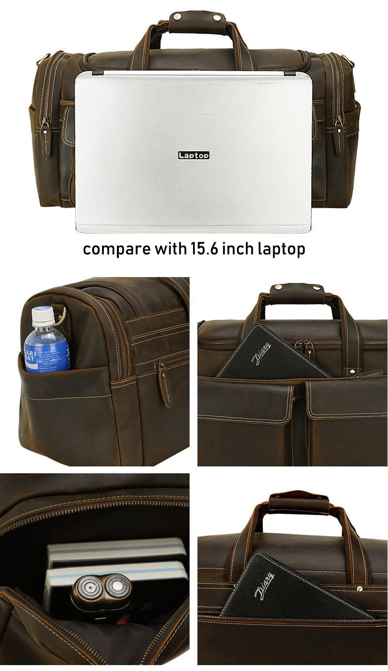 Zee Leather - Men's Crazy Horse Leather Travel Bag Cow Leather Big Travel Duffel Durable Cowhide Weekend Bag Man Genuine Leather Luggage Bag