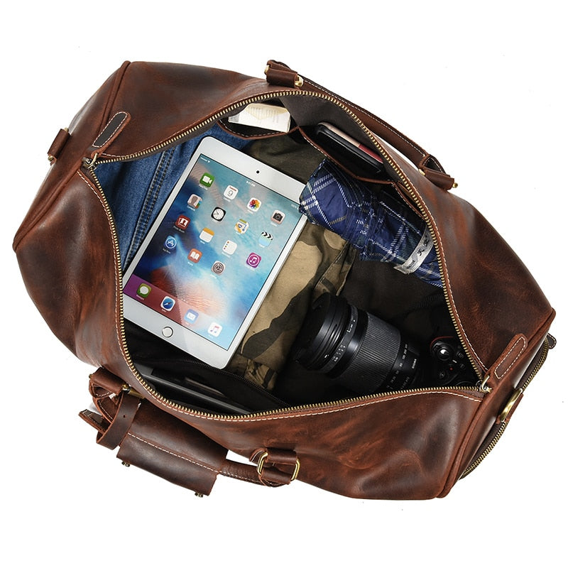 Zee Leather Men's Travel Bag With Shoe Pocket 20 inch Big Capacity Vintage Crazy Horse Leather Weekend luggage Messenger Bag