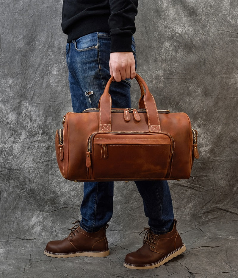 Zee Leather Men's Travel Bag With Shoe Pocket 20 inch Big Capacity Vintage Crazy Horse Leather Weekend luggage Messenger Bag
