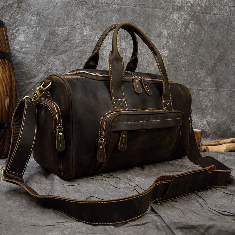Zee Leather Men's Travel Bag With Shoe Pocket 20 inch Big Capacity Vintage Crazy Horse Leather Weekend luggage Messenger Bag