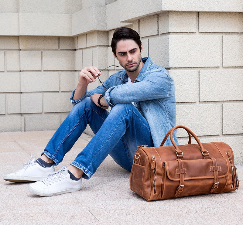 Zee Leather Men's Travel Bag With Shoe Pocket 20 inch Big Capacity Vintage Crazy Horse Leather Weekend luggage Messenger Bag