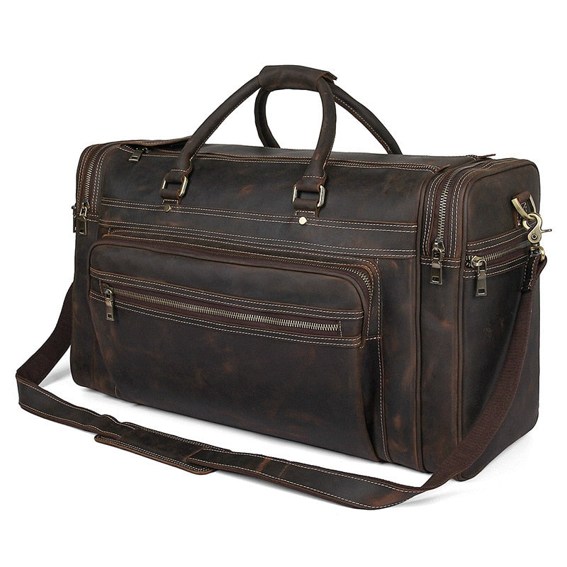 Zee Leather - Men's Crazy Horse Leather Travel Bag Cow Leather Big Travel Duffel Durable Cowhide Weekend Bag Man Genuine Leather Luggage Bag