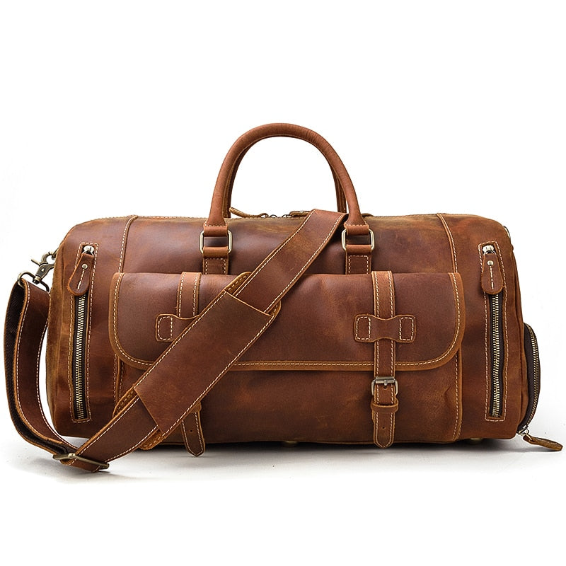 Zee Leather Men's Travel Bag With Shoe Pocket 20 inch Big Capacity Vintage Crazy Horse Leather Weekend luggage Messenger Bag