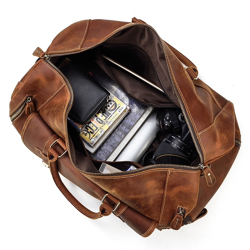 Zee Leather Men's Travel Bag With Shoe Pocket 20 inch Big Capacity Vintage Crazy Horse Leather Weekend luggage Messenger Bag