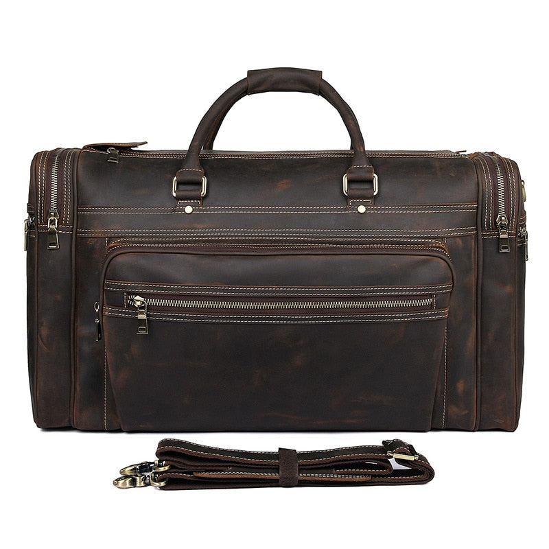 Zee Leather - Men's Crazy Horse Leather Travel Bag Cow Leather Big Travel Duffel Durable Cowhide Weekend Bag Man Genuine Leather Luggage Bag