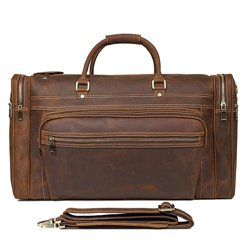 Zee Leather - Men's Crazy Horse Leather Travel Bag Cow Leather Big Travel Duffel Durable Cowhide Weekend Bag Man Genuine Leather Luggage Bag