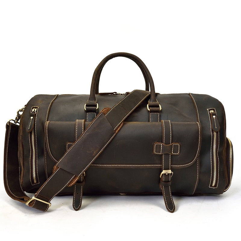Zee Leather Men's Travel Bag With Shoe Pocket 20 inch Big Capacity Vintage Crazy Horse Leather Weekend luggage Messenger Bag