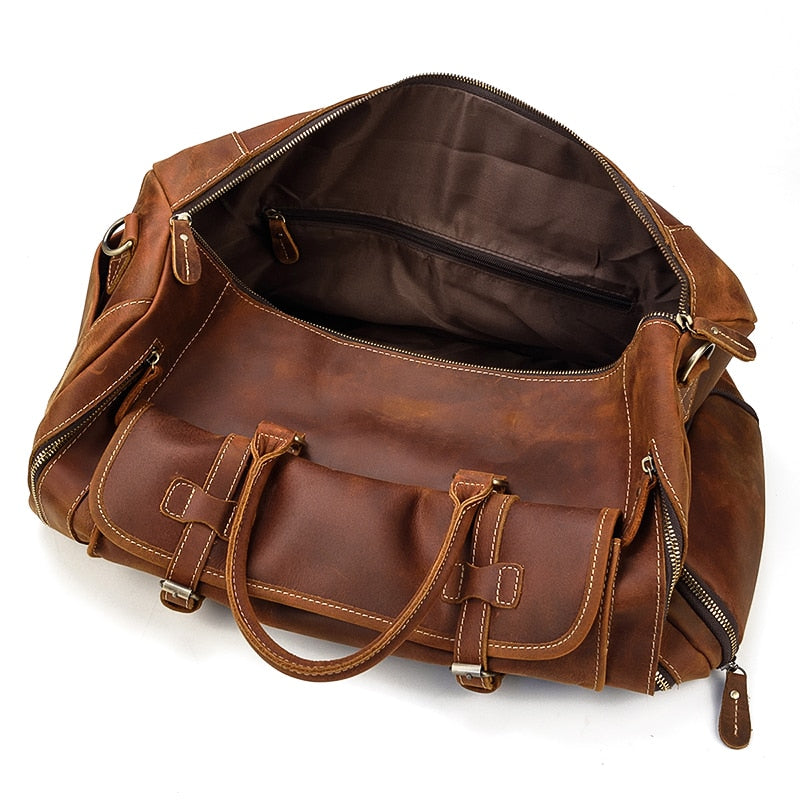 Zee Leather Men's Travel Bag With Shoe Pocket 20 inch Big Capacity Vintage Crazy Horse Leather Weekend luggage Messenger Bag