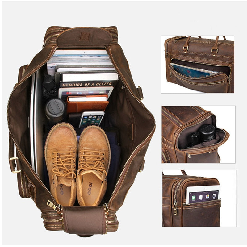 Zee Leather - Men's Crazy Horse Leather Travel Bag Cow Leather Big Travel Duffel Durable Cowhide Weekend Bag Man Genuine Leather Luggage Bag