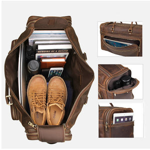 Zee Leather - Men's Crazy Horse Leather Travel Bag Cow Leather Big Travel Duffel Durable Cowhide Weekend Bag Man Genuine Leather Luggage Bag