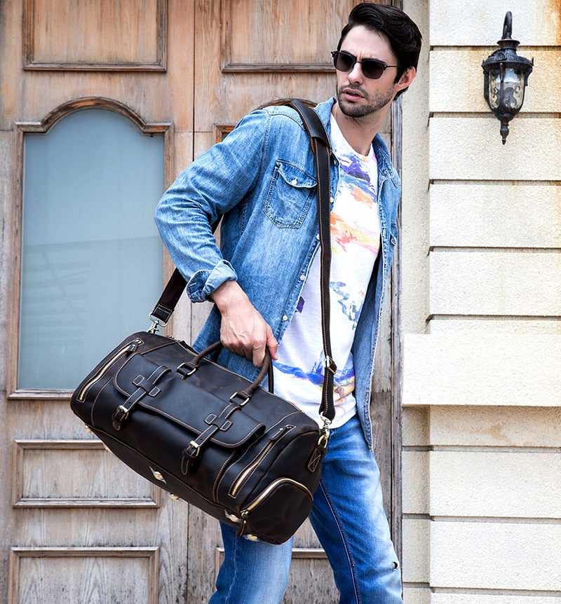Zee Leather Men's Travel Bag With Shoe Pocket 20 inch Big Capacity Vintage Crazy Horse Leather Weekend luggage Messenger Bag