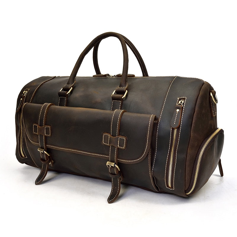 Zee Leather Men's Travel Bag With Shoe Pocket 20 inch Big Capacity Vintage Crazy Horse Leather Weekend luggage Messenger Bag