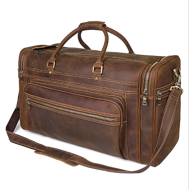 Zee Leather - Men's Crazy Horse Leather Travel Bag Cow Leather Big Travel Duffel Durable Cowhide Weekend Bag Man Genuine Leather Luggage Bag
