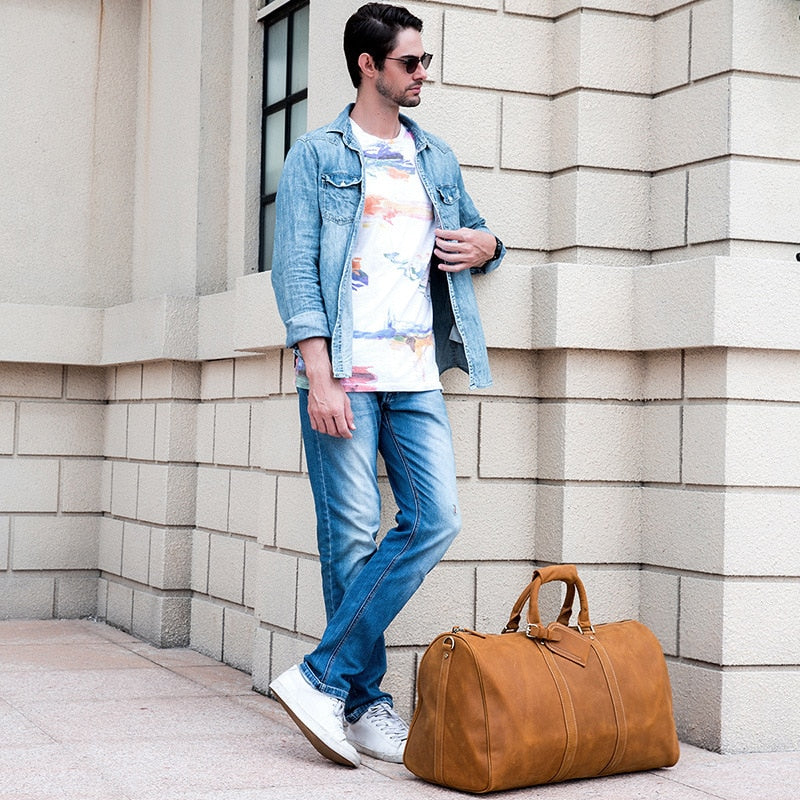 Zee Leather - Men's Crazy Horse Leather Travel Bag Cow Leather Big Travel Duffel Durable Cowhide Weekend Bag Man Genuine Leather Luggage Bag