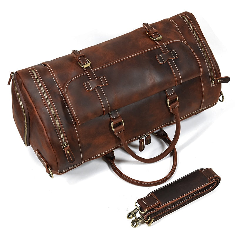 Zee Leather Men's Travel Bag With Shoe Pocket 20 inch Big Capacity Vintage Crazy Horse Leather Weekend luggage Messenger Bag
