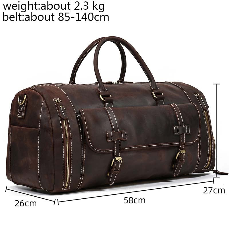 Zee Leather Men's Travel Bag With Shoe Pocket 20 inch Big Capacity Vintage Crazy Horse Leather Weekend luggage Messenger Bag