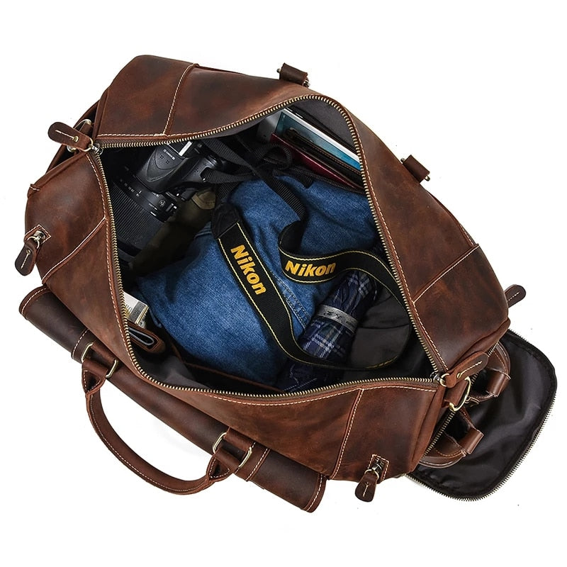 Zee Leather Men's Travel Bag With Shoe Pocket 20 inch Big Capacity Vintage Crazy Horse Leather Weekend luggage Messenger Bag