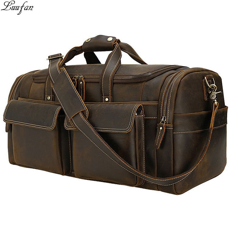 Zee Leather - Men's Crazy Horse Leather Travel Bag Cow Leather Big Travel Duffel Durable Cowhide Weekend Bag Man Genuine Leather Luggage Bag