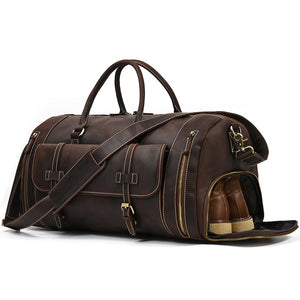 Zee Leather Men's Travel Bag With Shoe Pocket 20 inch Big Capacity Vintage Crazy Horse Leather Weekend luggage Messenger Bag